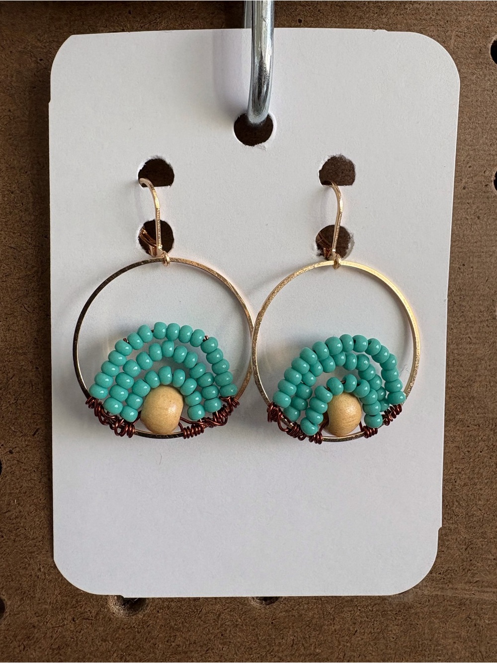 Hand Crafted Turquoise Beaded Hoop Earrings with Wood Accent